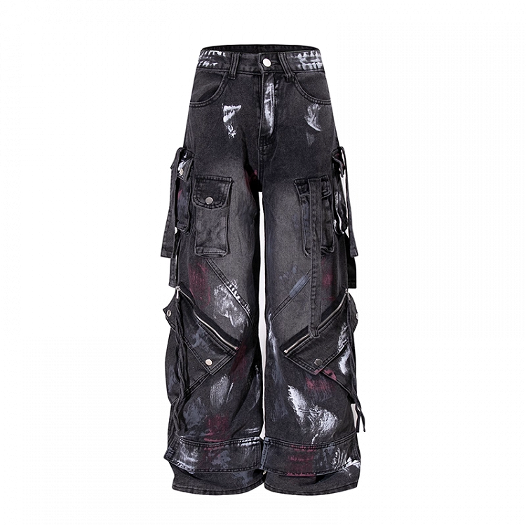 Spray Paint Print Zipper Details Black Low Waist Wide-leg Cargo Jeans