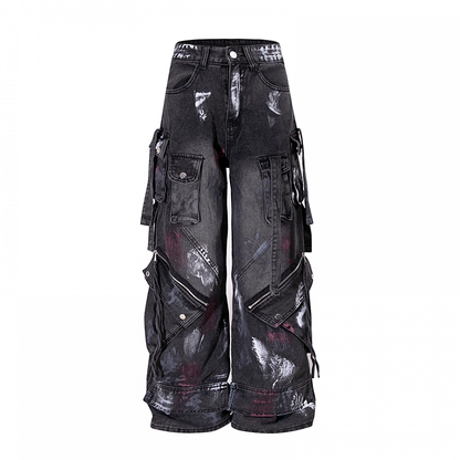 Spray Paint Print Zipper Details Black Low Waist Wide-leg Cargo Jeans