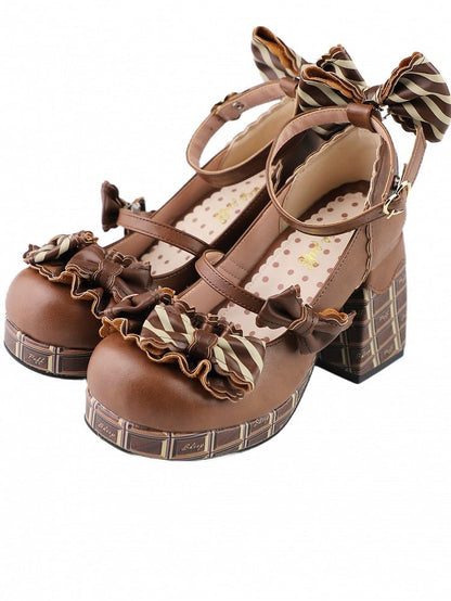 Light Brown Striped Bowknot Details Heart Buckle Chocolate Platform High Block Heels Mary Janes