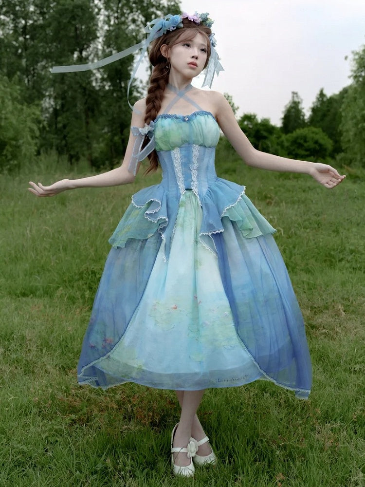 Sky Blue Fairy Oil Painting Print Tiered Flounce Hem Halter Boned Corset Top