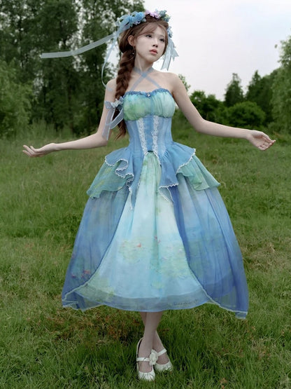 Sky Blue Fairy Oil Painting Print Tiered Flounce Hem Halter Boned Corset Top