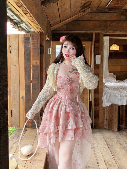 Plus Size Apricot Self-tie Straps Hollow-out Lace Top