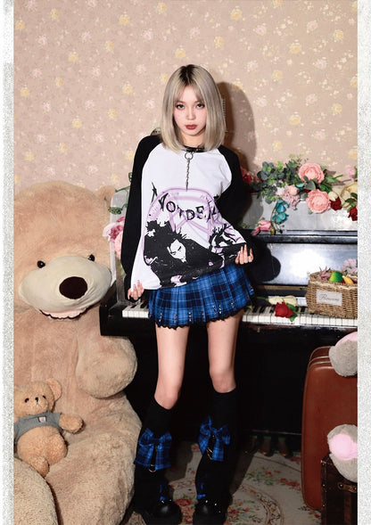 Punk Navy Blue Plaid Studs Detail Lace Trim Y2K Mini Pleated Skirt