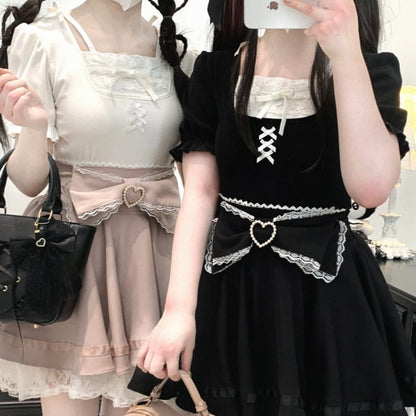 Jirai Kei Pink/White/Black Lace Trim Bowknot Details Puff Sleeves Blouse