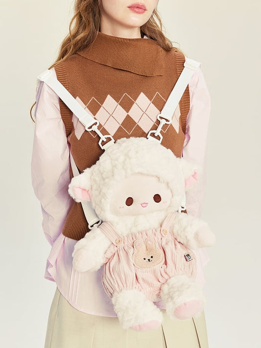 White&Pink Cute Plush Lamb Backpack + Overall Pants Middle/Large Size