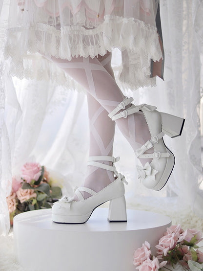Beige Sweetheart and Bow Accents Sweet Lolita Platform High Block Heels