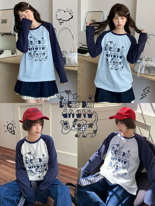 White/Blue Colorblock Design Adorable Puppy Print Loose Top