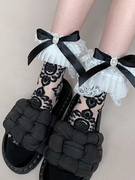 White/Black Bowknot Details Ruffled Cuff Semi-sheer Calf Socks