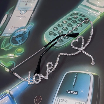 Silver Punk Rhinestone Letter And Heart Dcorated Eyeglasses Frame