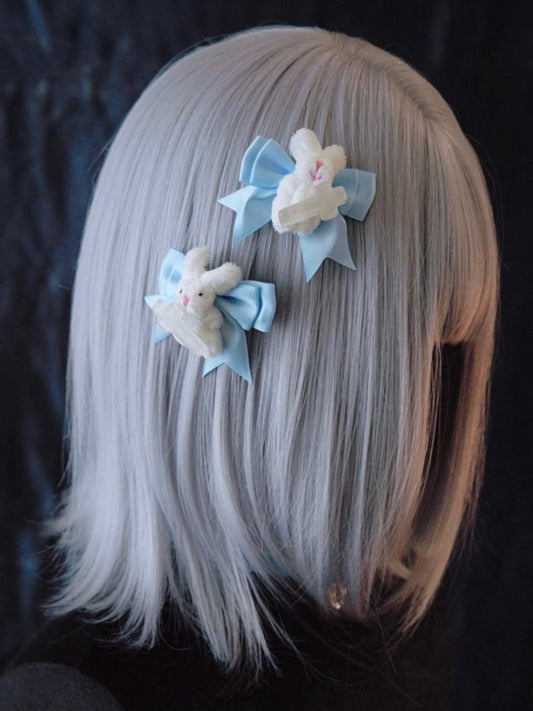 Handmade Plush Bunnies White and Blue Bowknot Hairclips