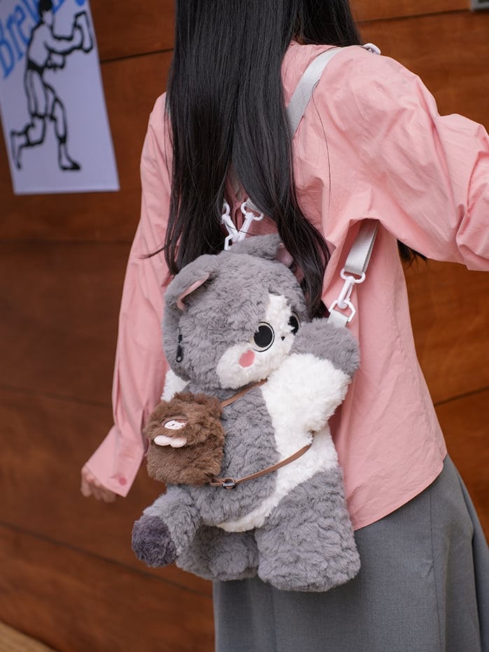 Gray Cute Plush Kitty Backpack/Crossbody Bag