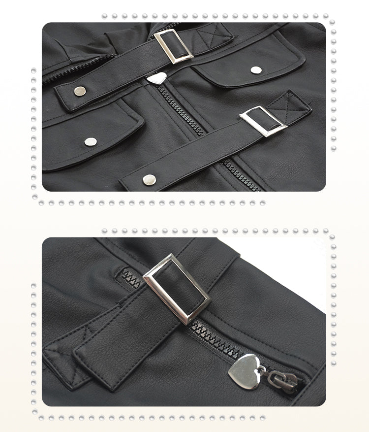 Plus Size - Black Buckles Decorated PU Jacket