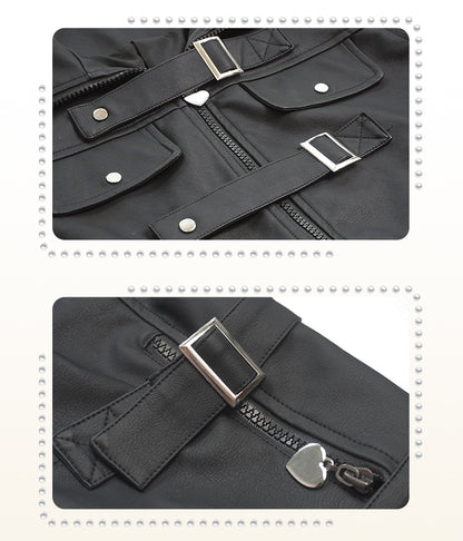 Plus Size - Black Buckles Decorated PU Jacket