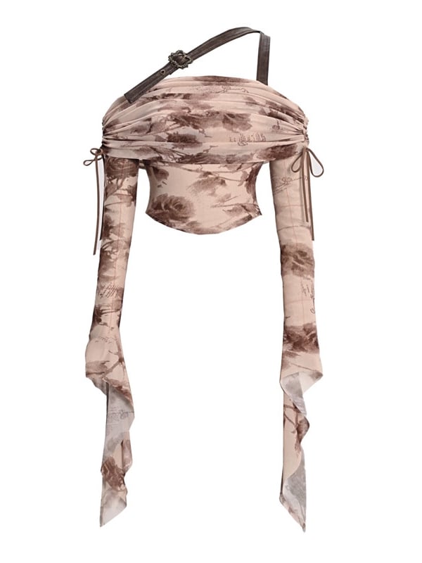 Floral Print Pink Off-the-shoulder Neckline Tulle Top