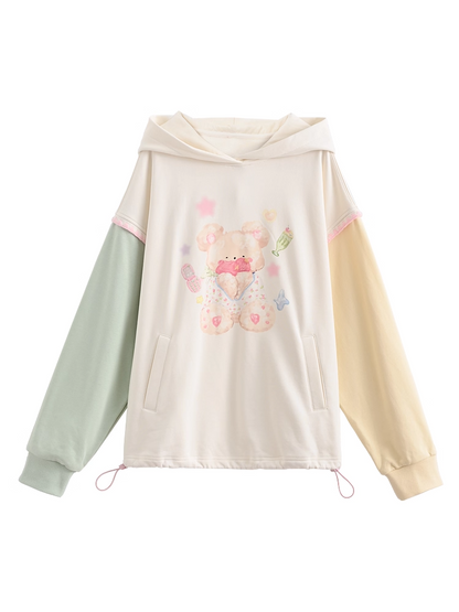 Green and Yellow Colorblock Design Teddy Bear Print Drawstring Hem Autumn Hoodie