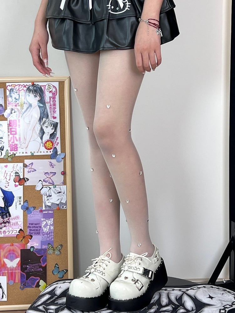 White Rhinestone Heart Decorated Tights