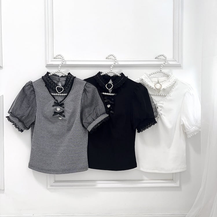 Bowknot and Rhinestone Decoration Choker Design Black Jirai Kei Blouse