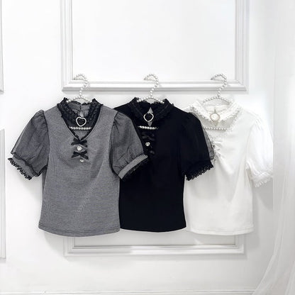 Bowknot and Rhinestone Decoration Choker Design Black Jirai Kei Blouse