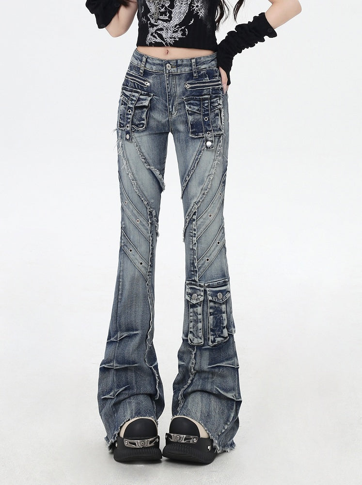 Y2K Blue Low Rise Raw Hem Faded Wash Flared Cargo Jeans