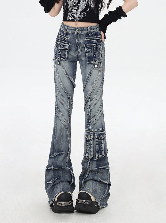 Y2K Blue Low Rise Raw Hem Faded Wash Flared Cargo Jeans