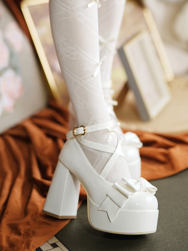 Crisscross Ankle Strap White Bow at Top 11cm High Heels