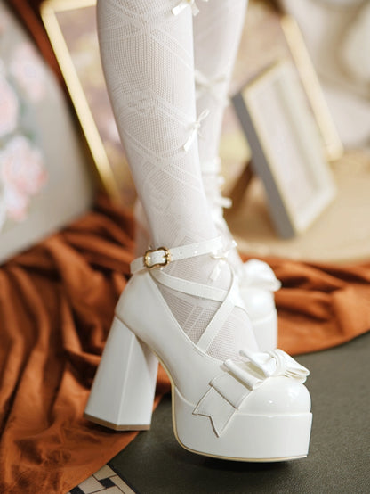 Crisscross Ankle Strap White Bow at Top 11cm High Heels
