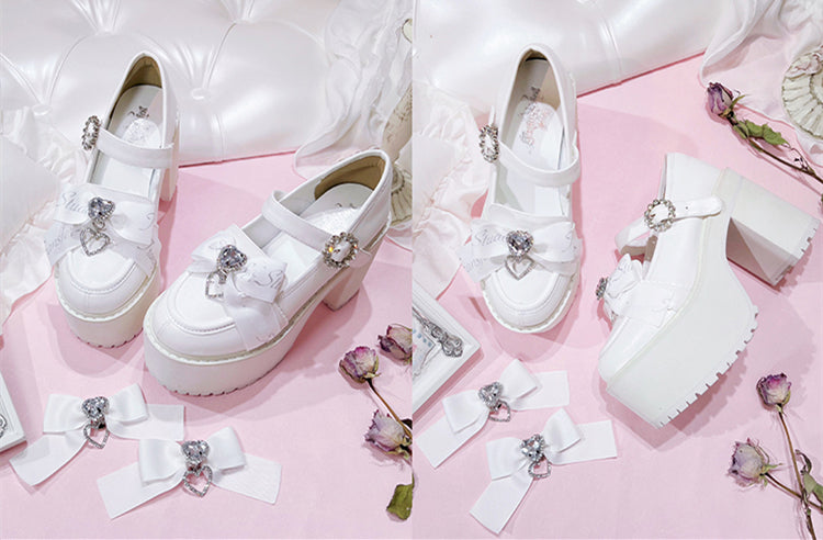 Jirai Kei Rhinestones Bow Clips White Chunky Heels Landmine Style Platforms