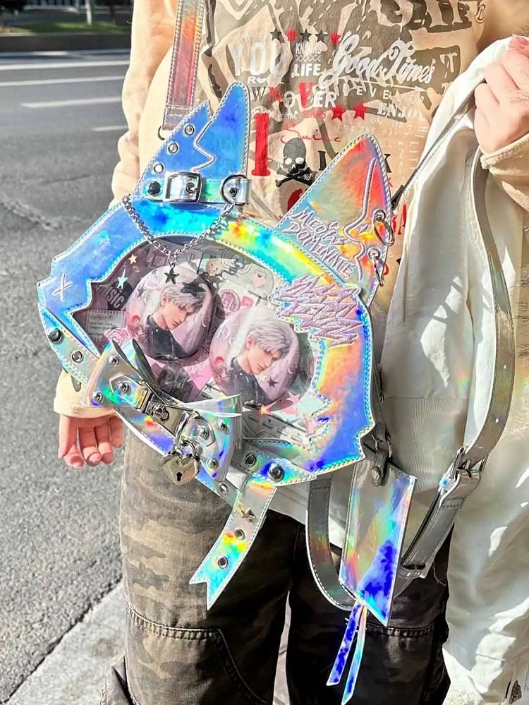 Kitty Ear Design Bowknot Studs Detail Holographic Color PU Tote Ita Bag with Free Card Holder