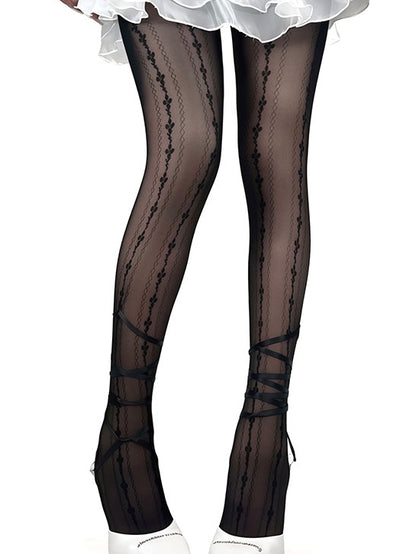 White/Black Y2K Floral Pattern Self-tie Straps Tights