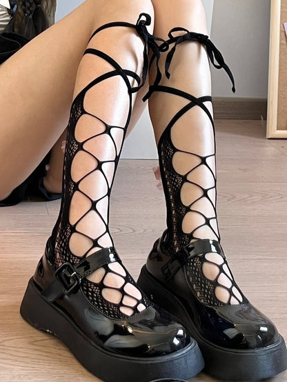 Black/White Bittersweet Cut-out Design Self-tie Strap Under-knee Stockings