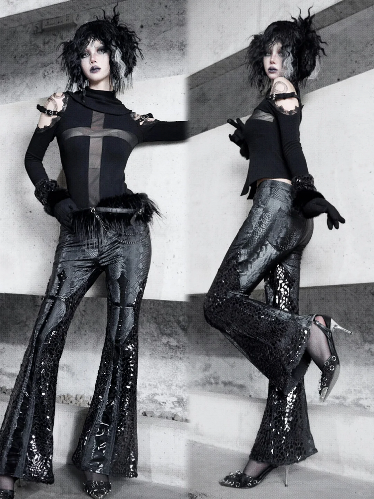 Black Snakeskin Grain Fabric Low Waist Goth Fishtail Pants