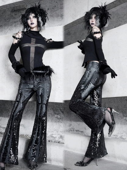 Black Snakeskin Grain Fabric Low Waist Goth Fishtail Pants