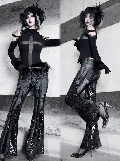 Black Snakeskin Grain Fabric Low Waist Goth Fishtail Pants