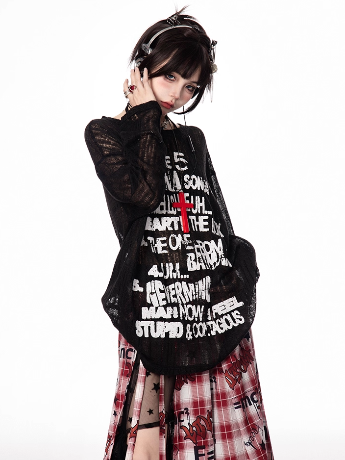 Vintage Letter Print Black/Apricot Round Neck Semi-sheer Coverup