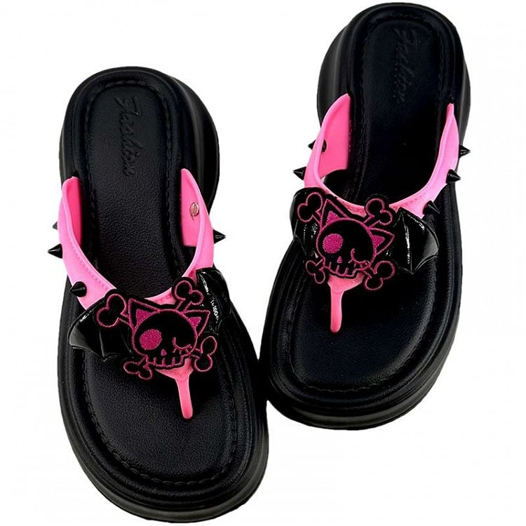 Clearance-Size 36-37 Black and Pink Bat Wings Skeleton Applique Flip-flops Gothic Summer Slippers