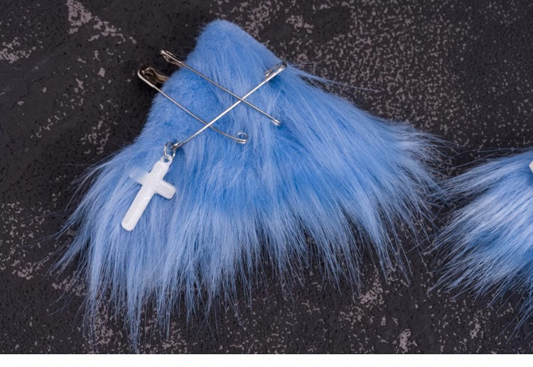 Pins and PU Buckle Blue and White Asymmetrical Kitty Ears Hairclips