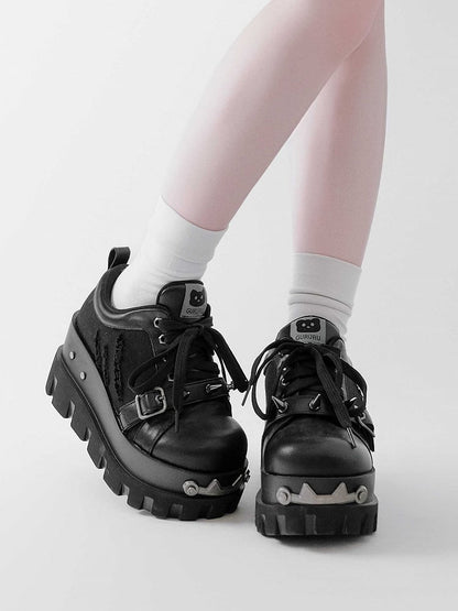 Black Punk Studs Details Buckle Strap Front Lace-up Ties Platforms