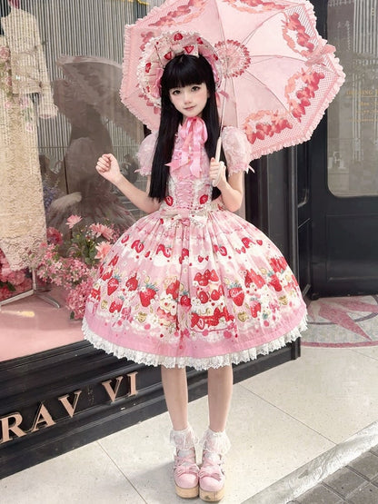 Strawberry Cake Print Pink Sweet Lolita Jumper Skirt