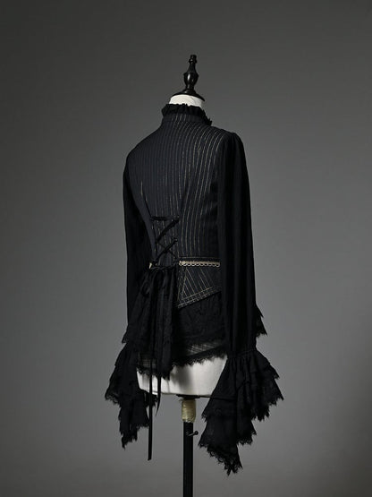 Black Jabot Ruffle Neckline Cadcading Ruffle Cuffs Long Sleeves Ouji Lolita Top
