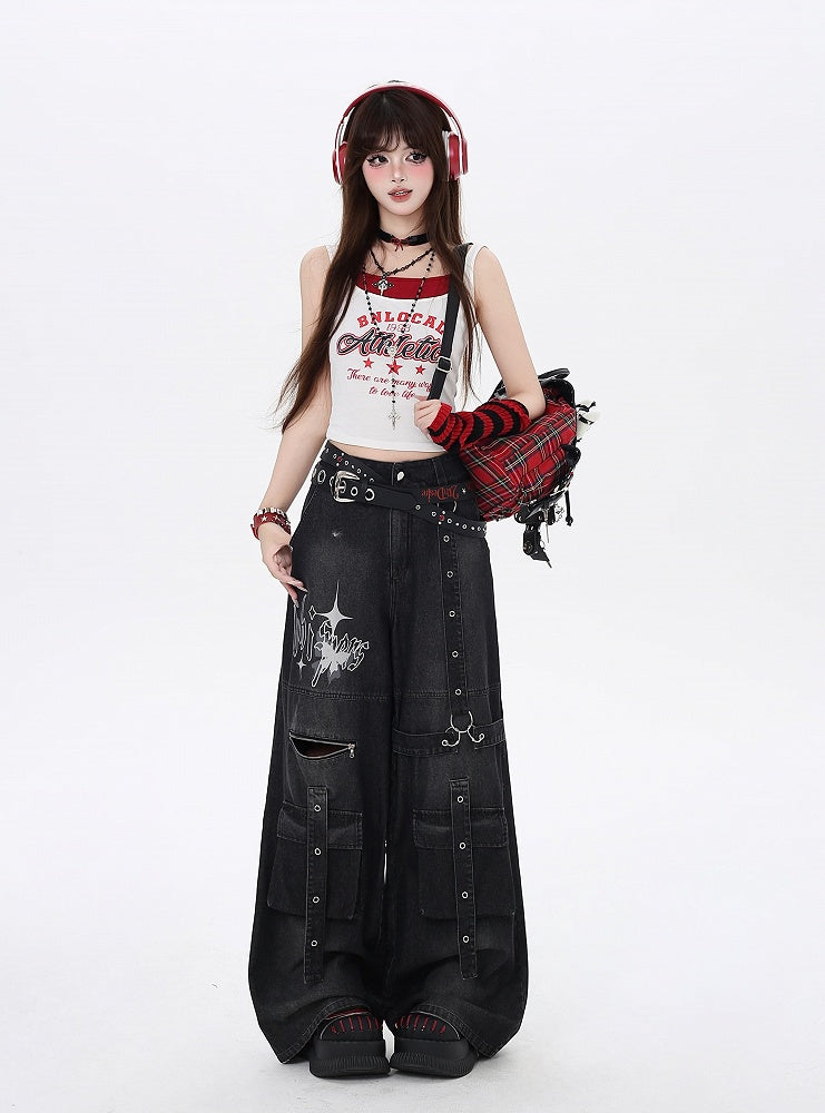 Black Butterfly Print Strap Details Vintage Wide-Leg Cargo Jeans