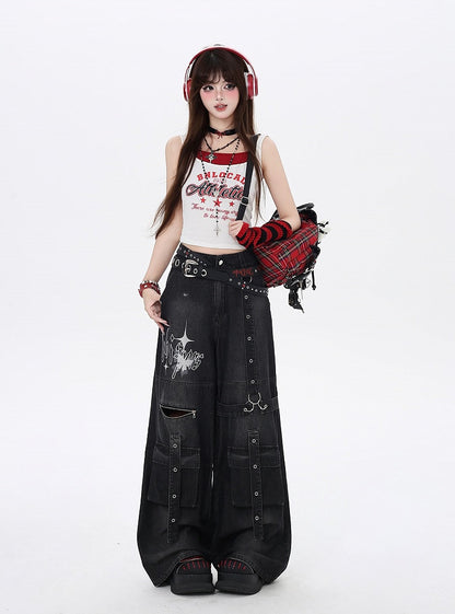 Black Butterfly Print Strap Details Vintage Wide-Leg Cargo Jeans