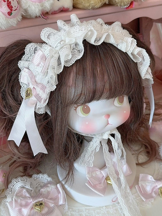 Pink Heart Decorated Striped Pattern Bowknot Details Ruffled Hairband