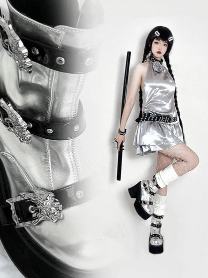 Dragon-shaped Buckle Straps Silver and Black Punk Boots High Block Heel