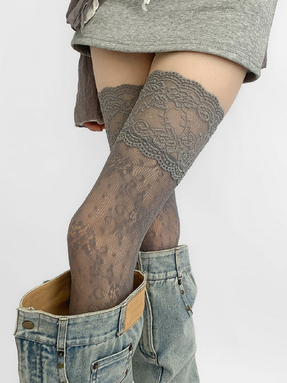 Gray/White/Brown/Blue/Black Lace Trim Hollow-out Design Over-knee Stockings