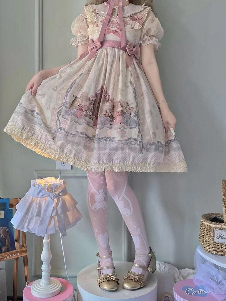 White/Black Teddy Bear and Heart Pattern Over Knee Stockings