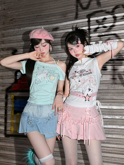 Punk Blue Buckle Straps Raw Hem Denim Glamorous Pleated Skirt