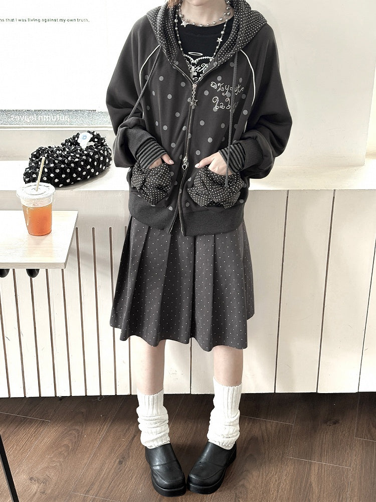 Black / Gray Polka Dot Raglan Sleeve Hoodie Jacket with Decorative Bow