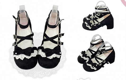 Black Bow at Top Crisscross Buckle Straps Sweet Lolita Block Heel Mary Janes
