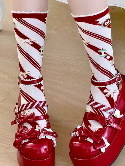 Red Apple Bowknot Print Striped Pattern Lolita Calf Socks