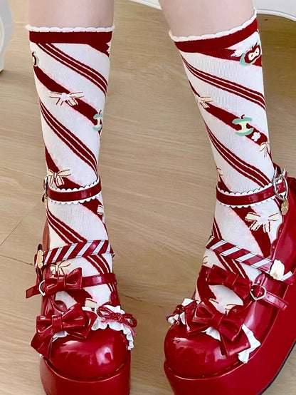 Red Apple Bowknot Print Striped Pattern Lolita Calf Socks